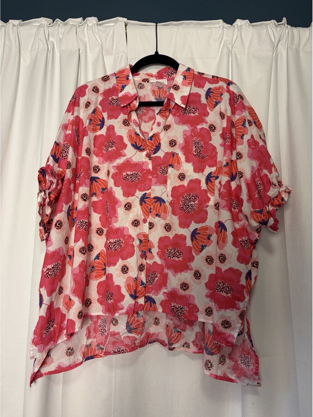 Anniewear Los Angelos Pink Floral Collared Cotton Tunic Billow Blouse Medium - Picture 2 of 8